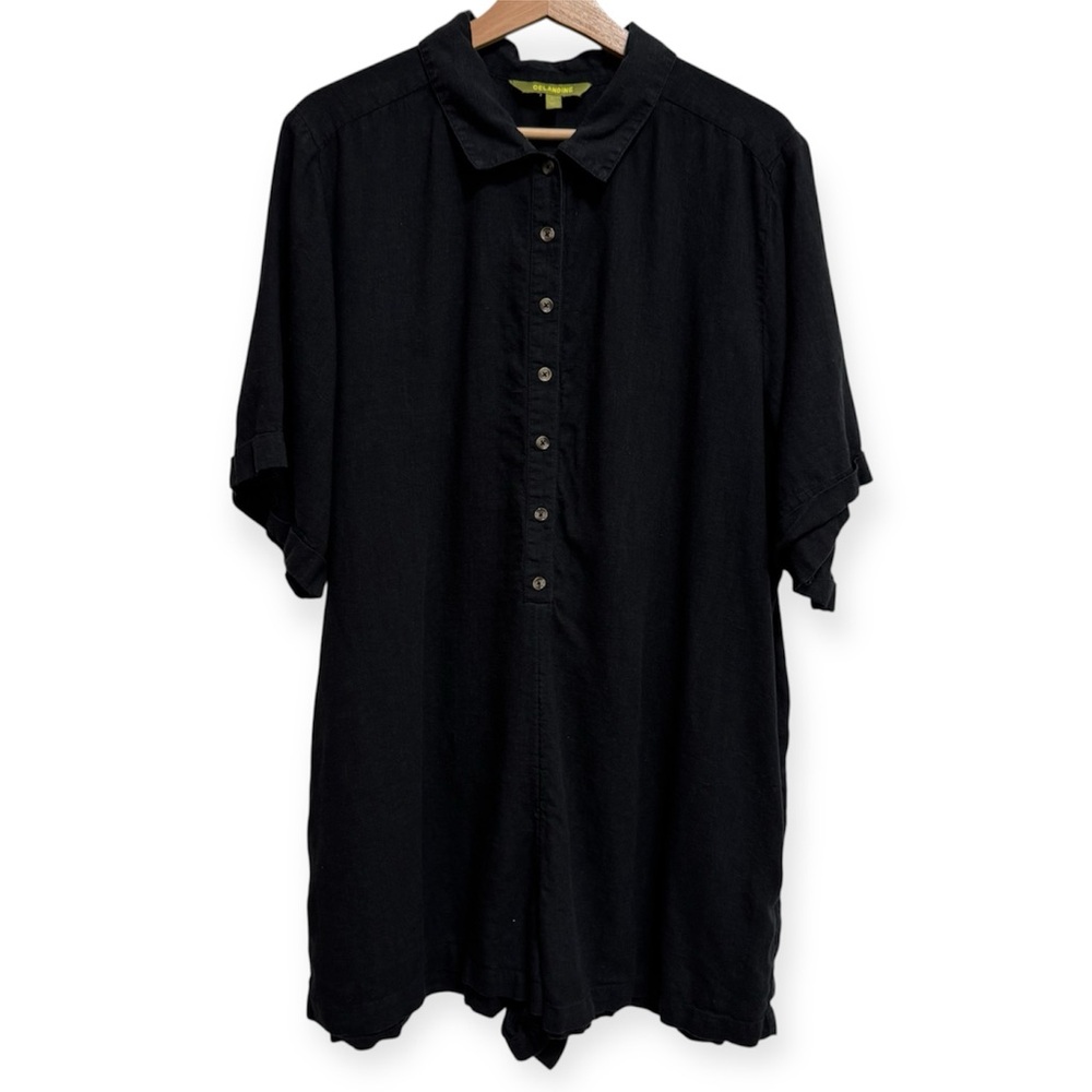 Celandine Anthropologie Oversized Linen Blend Short Sleeve Collared Shirt Romper